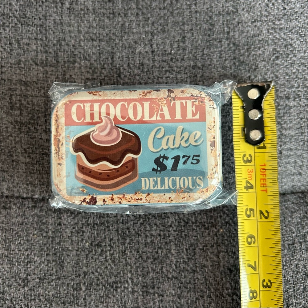 “CHOCOLATE Cake $1.75 DELICIOUS” Mini Travel Tin, Pill, Jewelry Gift Box, Blue - Picture 8 of 17
